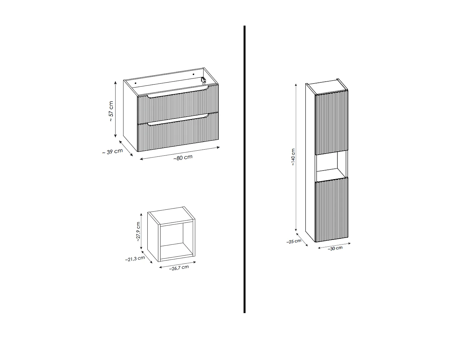 Ensemble de meuble de salle de bain - 80 cm - Oak/Blanc - avec vasque à poser - avec plan - avec colonne - 2 portes - VOLTA WHITE