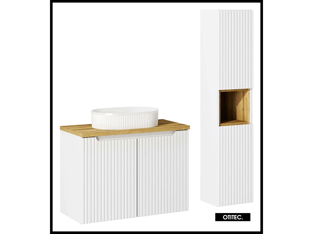 Ensemble de meuble de salle de bain - 80 cm - Oak/Blanc - avec vasque à poser - avec plan - avec colonne - 2 portes - VOLTA WHITE