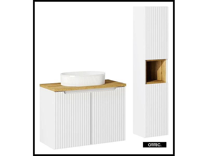 Ensemble de meuble de salle de bain - 80 cm - Oak/Blanc - avec vasque à poser - avec plan - avec colonne - 2 portes - VOLTA WHITE