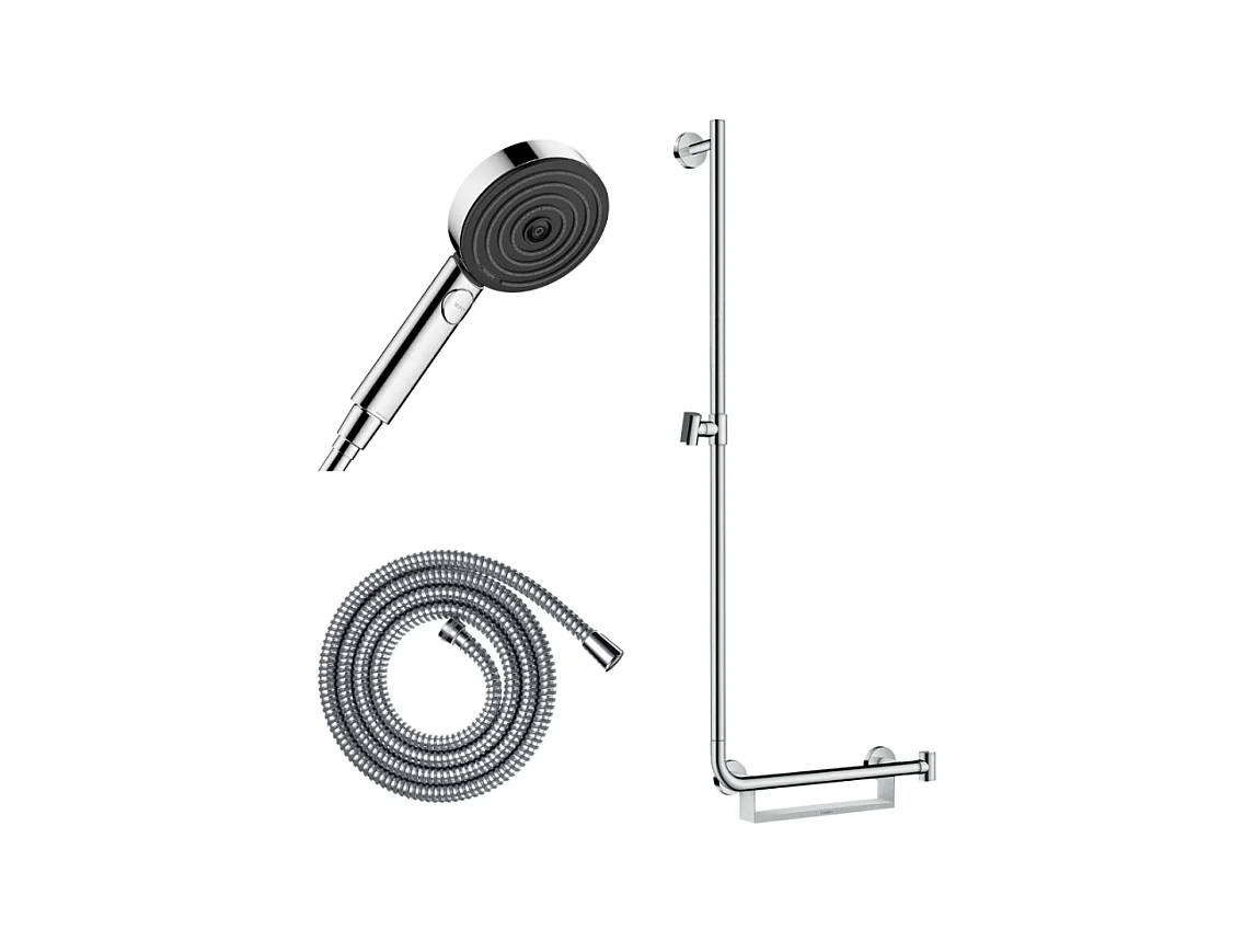 Barre de douche PMR HANSGROHE Unica 110 avec poignée à droite Chromé + Pommeau de douche Pulsify 3 jets + flexible Metaflex 160cm