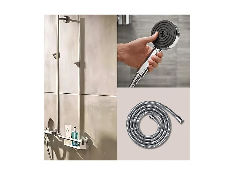 Barre de douche PMR HANSGROHE Unica 110 avec poignée à droite Chromé + Pommeau de douche Pulsify 3 jets + flexible Metaflex 160cm