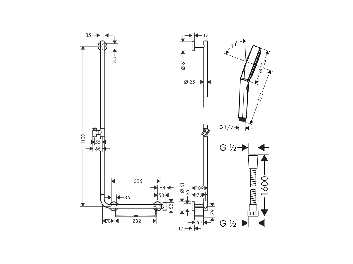 Barre de douche PMR HANSGROHE Unica 110 avec poignée à droite Chromé + Pommeau de douche Pulsify 3 jets + flexible Metaflex 160cm