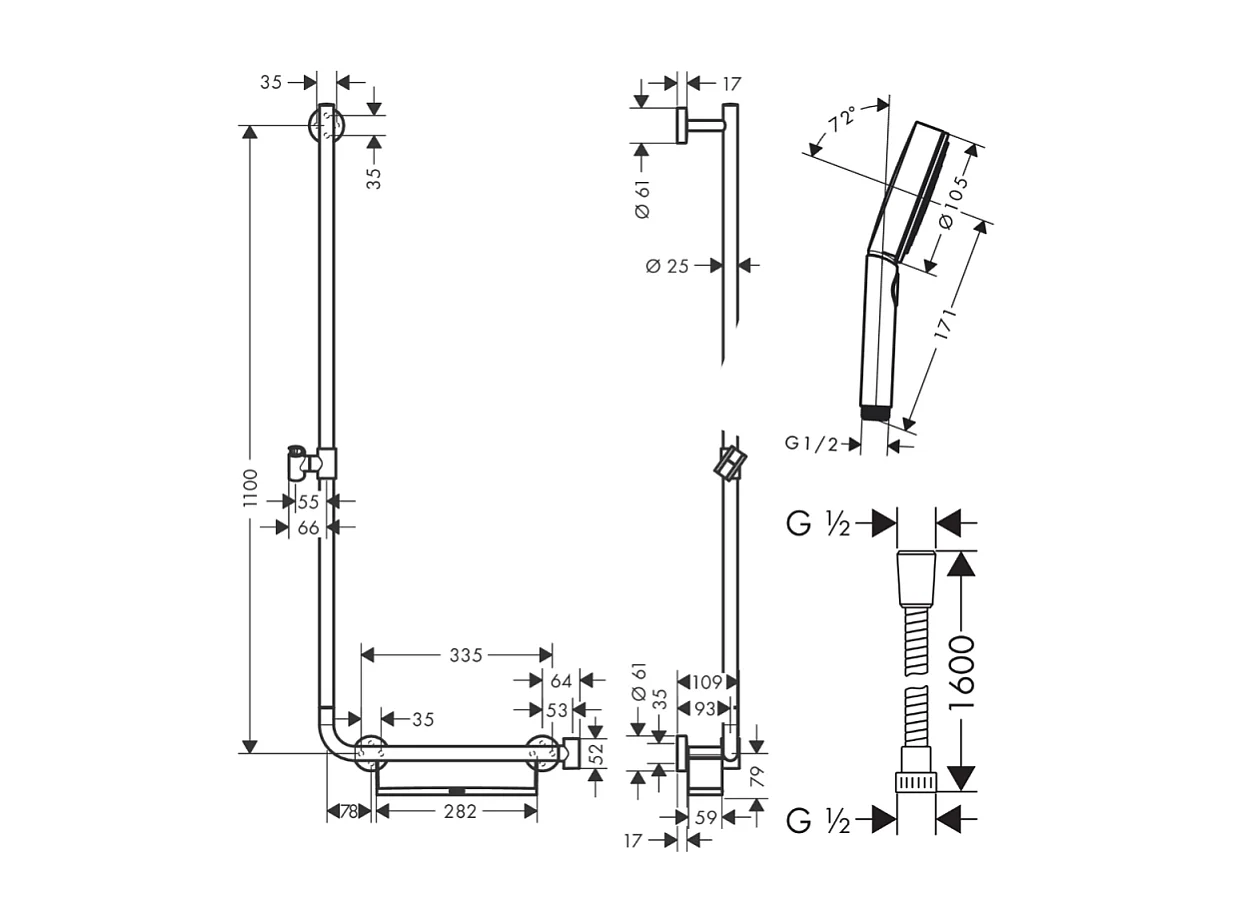Barre de douche PMR HANSGROHE Unica 110 avec poignée à droite Chromé + Pommeau de douche Pulsify 3 jets + flexible Metaflex 160cm