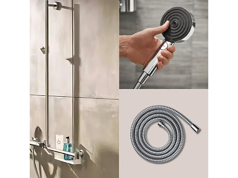 Barre de douche PMR HANSGROHE Unica 110 avec poignée à droite Chromé + Pommeau de douche Pulsify 3 jets + flexible Metaflex 160cm