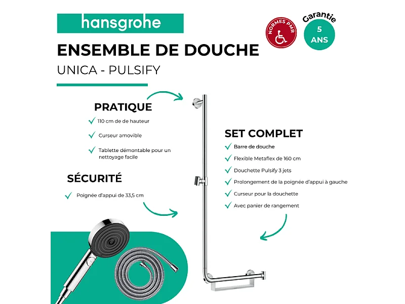 Barre de douche PMR HANSGROHE Unica 110 avec poignée à droite Chromé + Pommeau de douche Pulsify 3 jets + flexible Metaflex 160cm