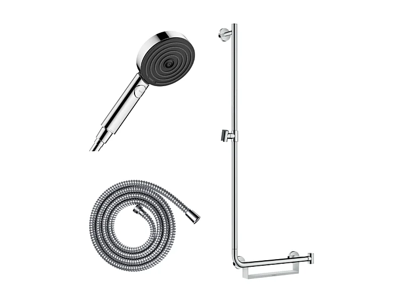 Barre de douche PMR HANSGROHE Unica 110 avec poignée à droite Chromé + Pommeau de douche Pulsify 3 jets + flexible Metaflex 160cm