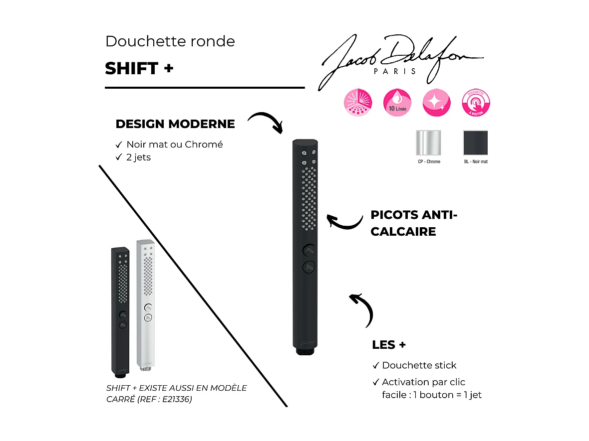 Pommeau de douche JACOB DELAFON Shift+ rond 2 jets noir mat + flexible