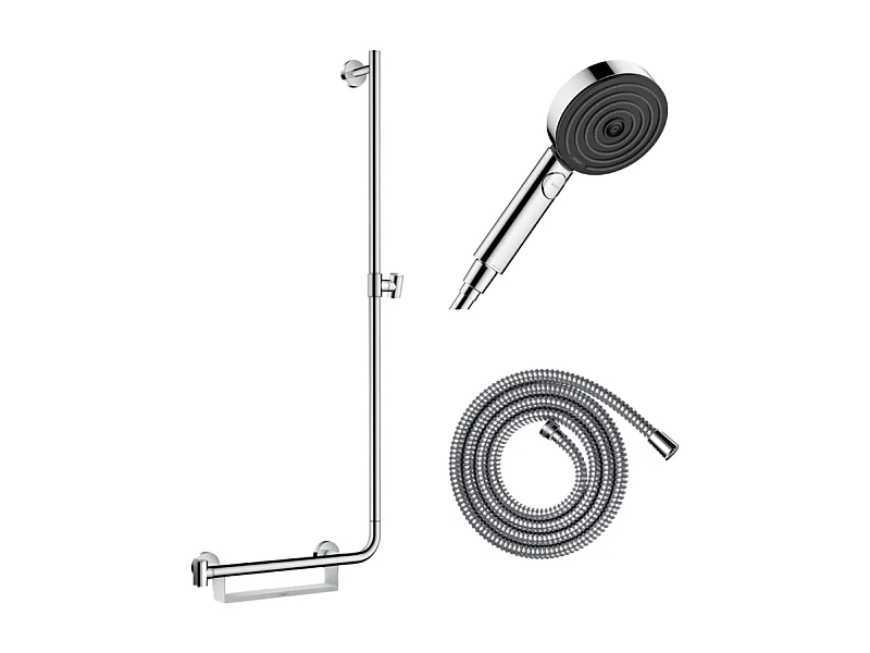 Barre de douche PMR HANSGROHE Unica 110 avec poignée à gauche Chromé + Pommeau de douche Pulsify 3 jets + flexible Metaflex 160cm