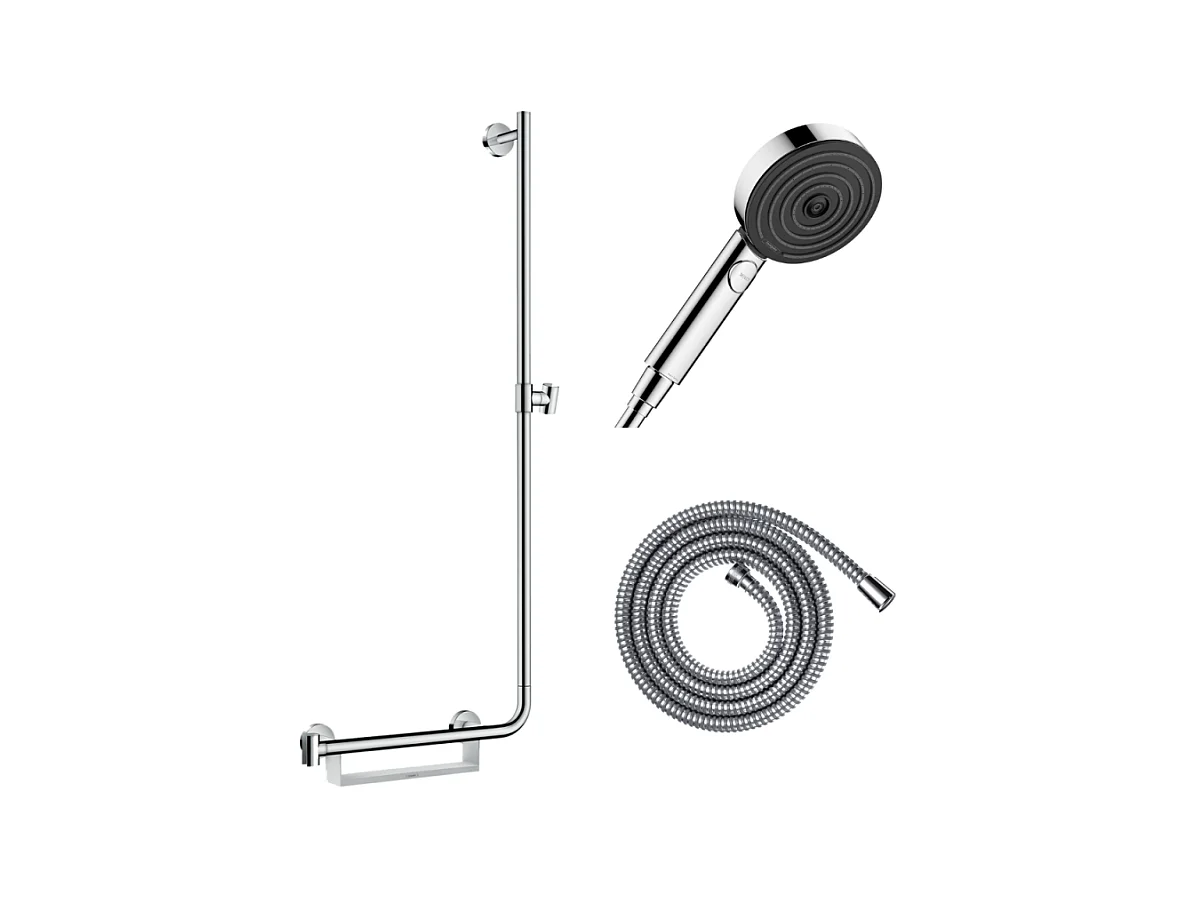 Barre de douche PMR HANSGROHE Unica 110 avec poignée à gauche Chromé + Pommeau de douche Pulsify 3 jets + flexible Metaflex 160cm