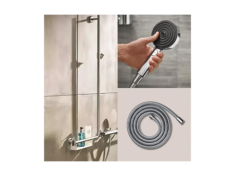 Barre de douche PMR HANSGROHE Unica 110 avec poignée à gauche Chromé + Pommeau de douche Pulsify 3 jets + flexible Metaflex 160cm