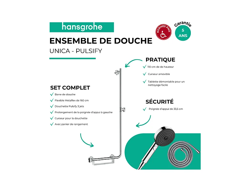 Barre de douche PMR HANSGROHE Unica 110 avec poignée à gauche Chromé + Pommeau de douche Pulsify 3 jets + flexible Metaflex 160cm