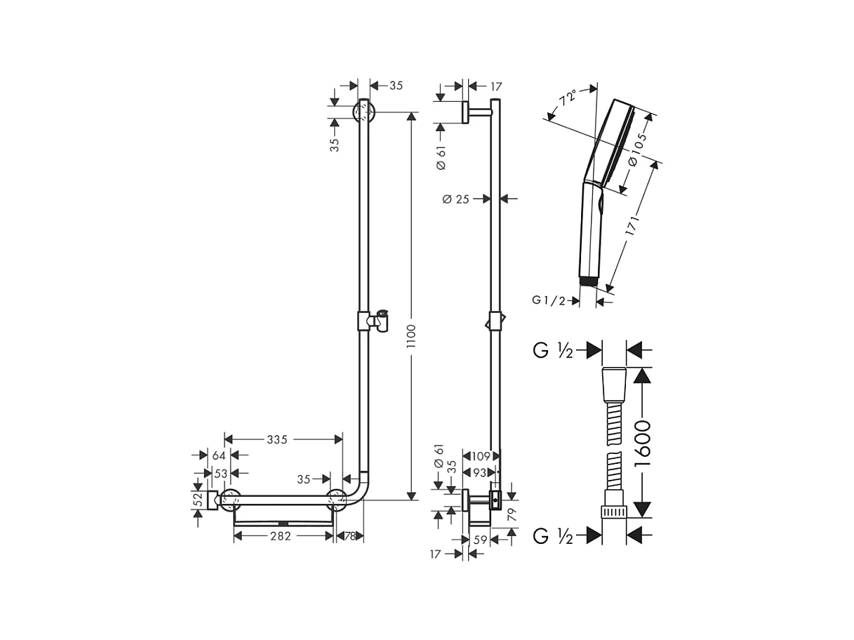 Barre de douche PMR HANSGROHE Unica 110 avec poignée à gauche Chromé + Pommeau de douche Pulsify 3 jets + flexible Metaflex 160cm