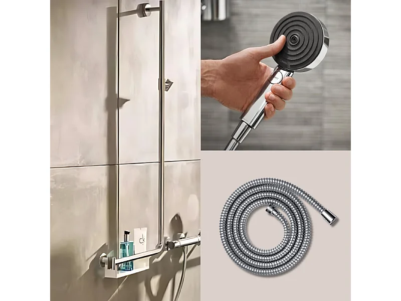Barre de douche PMR HANSGROHE Unica 110 avec poignée à gauche Chromé + Pommeau de douche Pulsify 3 jets + flexible Metaflex 160cm