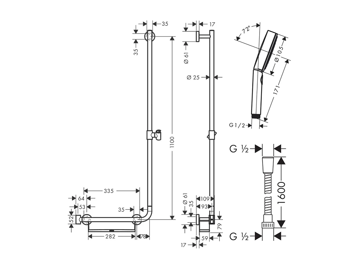 Barre de douche PMR HANSGROHE Unica 110 avec poignée à gauche Chromé + Pommeau de douche Pulsify 3 jets + flexible Metaflex 160cm