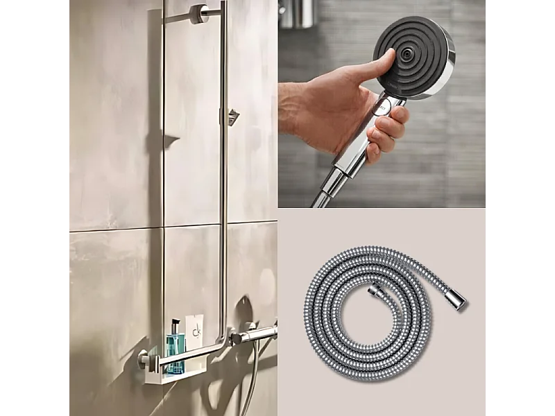 Barre de douche PMR HANSGROHE Unica 110 avec poignée à gauche Chromé + Pommeau de douche Pulsify 3 jets + flexible Metaflex 160cm