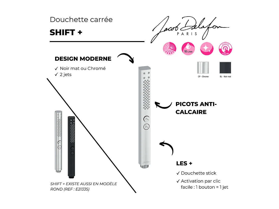 Pommeau de douche JACOB DELAFON Shift+ carré 2 jets noir mat + flexible + support