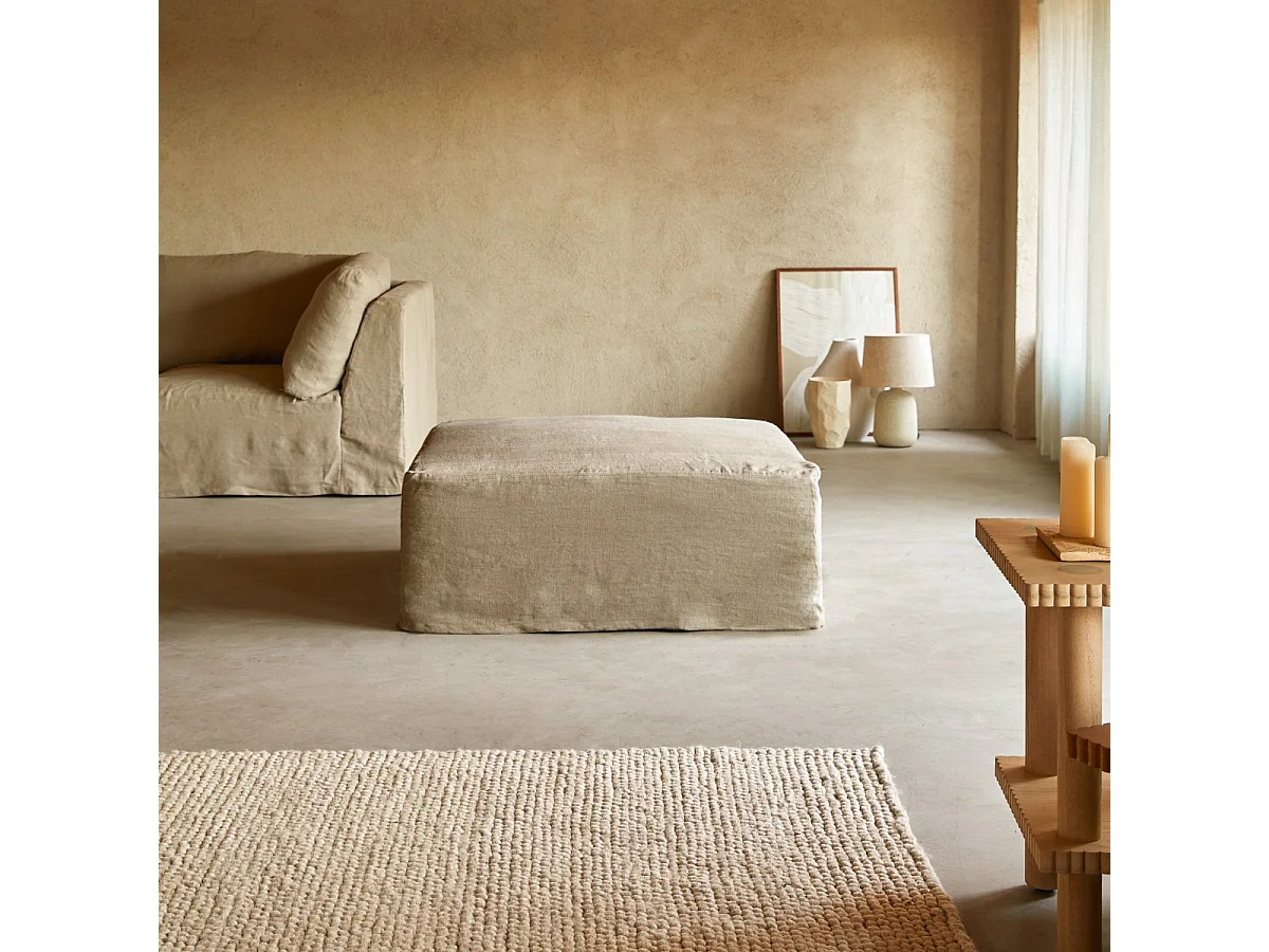 Fußhocker Nils aus natürlichem Leinen, 1-Sitzer