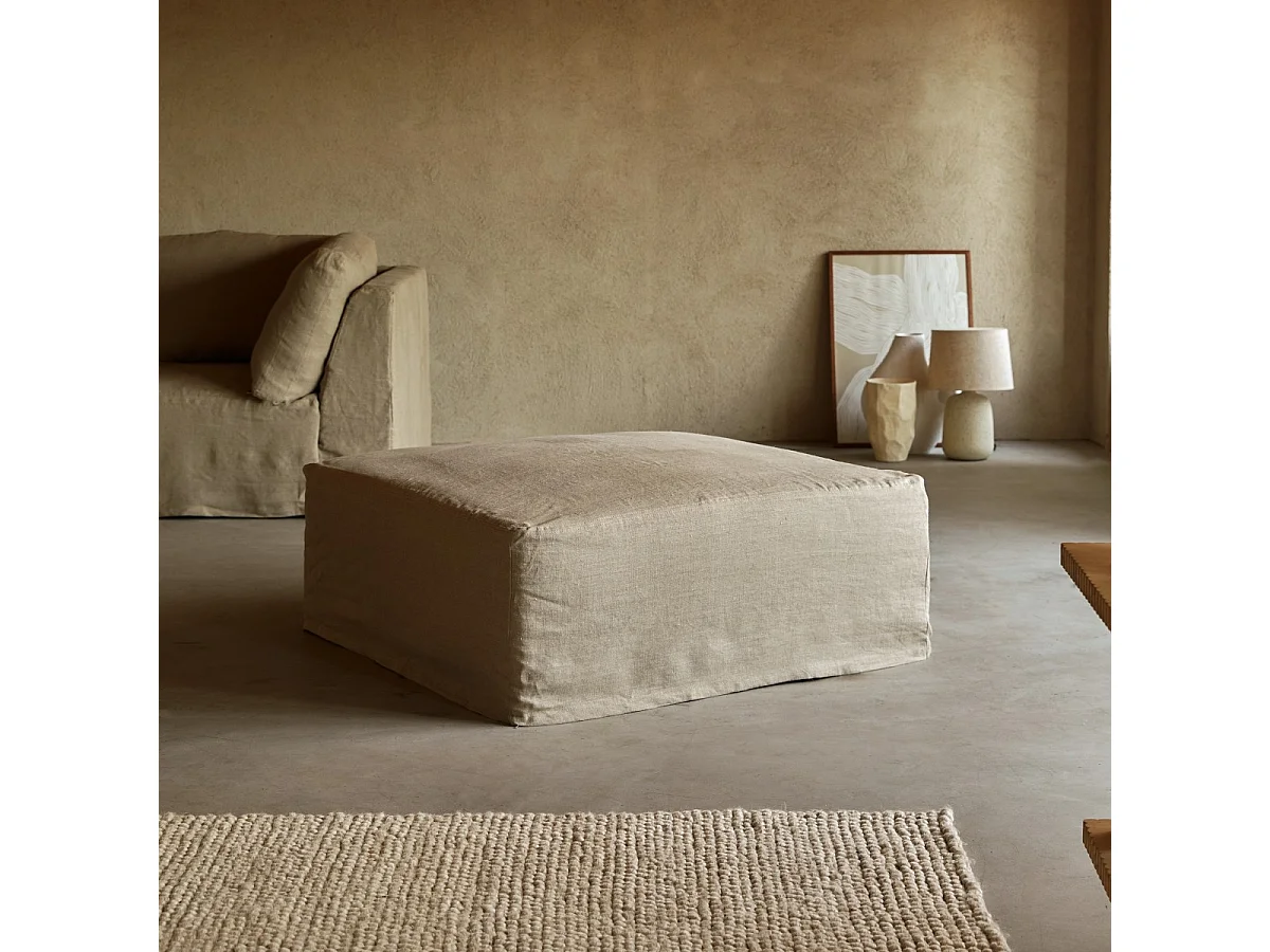 Fußhocker Nils aus natürlichem Leinen, 1-Sitzer