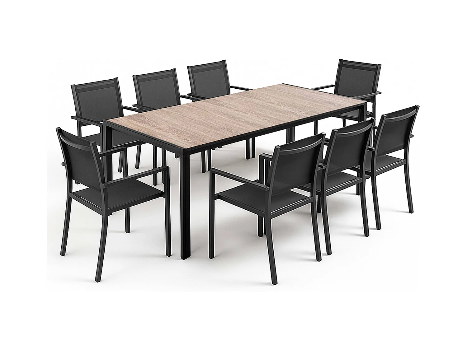 Ensemble table de jardin en aluminium effet bois et 8 fauteuils noirs - Tivoli