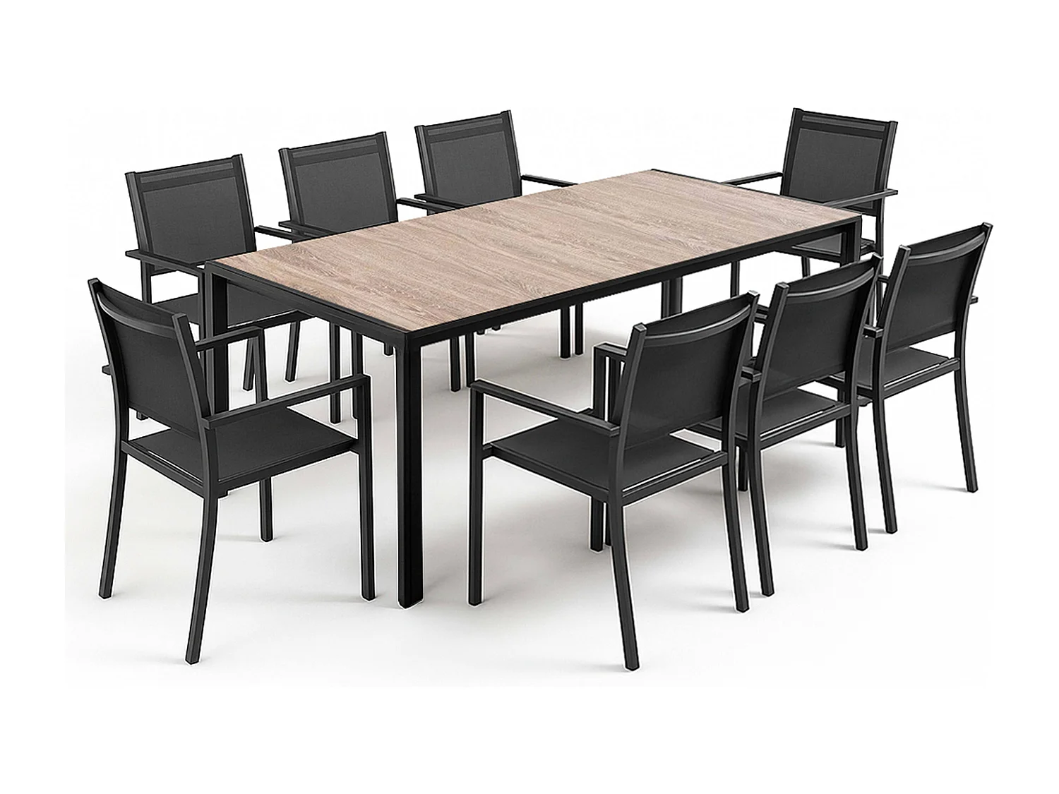 Ensemble table de jardin en aluminium effet bois et 8 fauteuils noirs - Tivoli