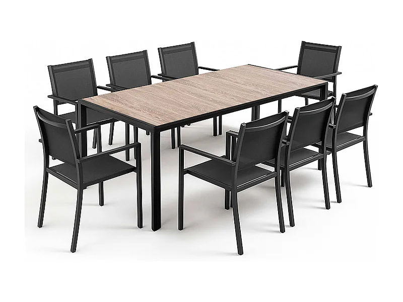 Ensemble table de jardin en aluminium effet bois et 8 fauteuils noirs - Tivoli