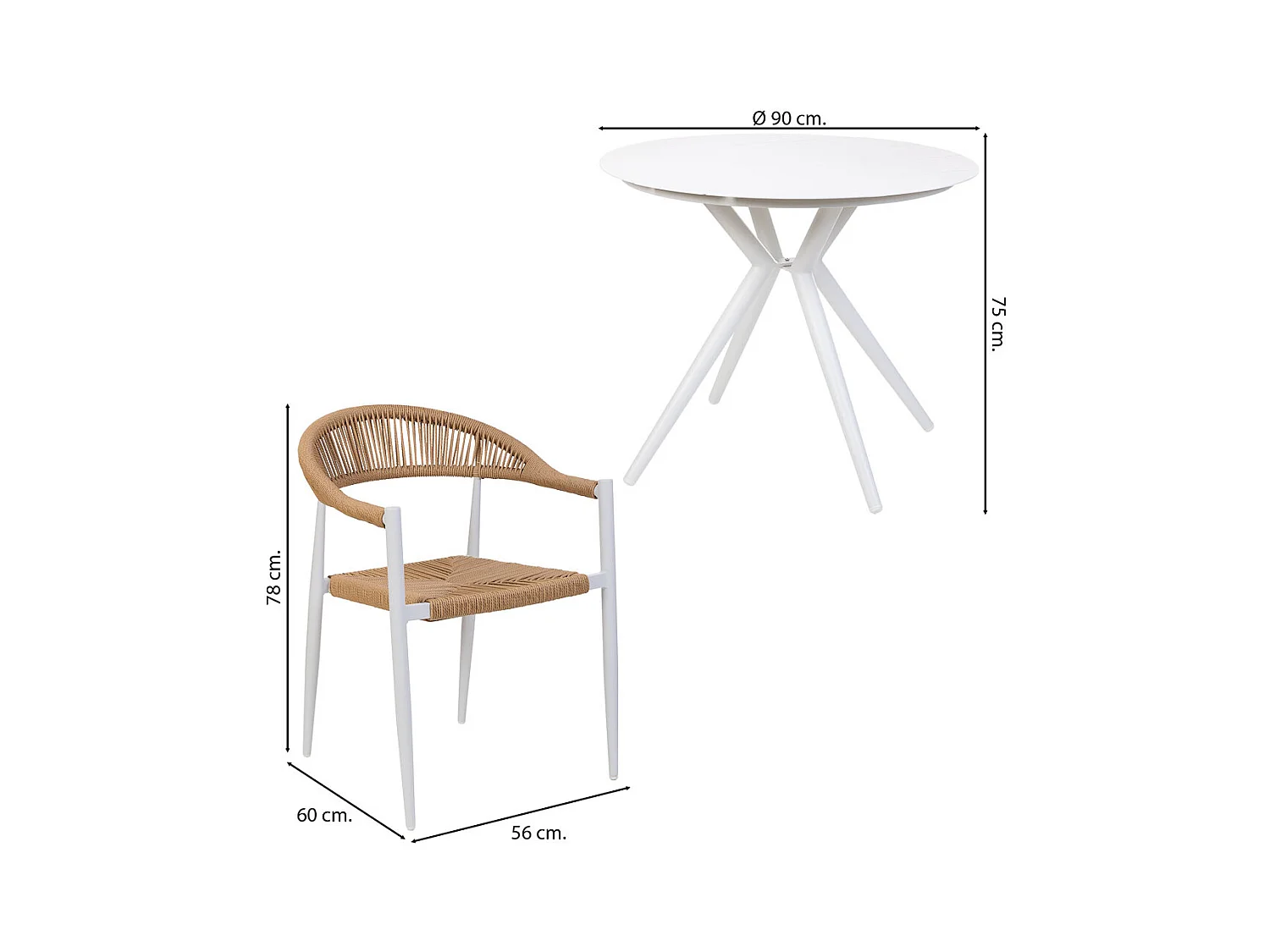 Ensemble table et 4 chaises beige, table: D90x75.chaises(4): 56x60x78