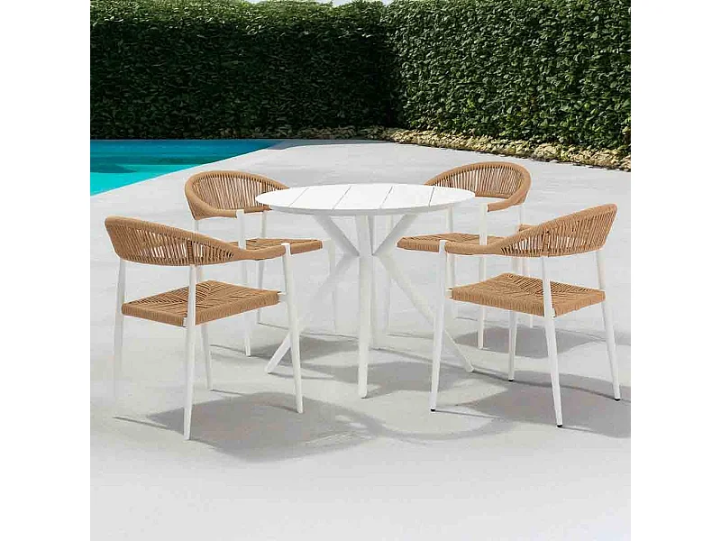 Conjunto de mesa e 4 cadeiras bege, mesa: D90x75, cadeira (4): 56x60x78h cm