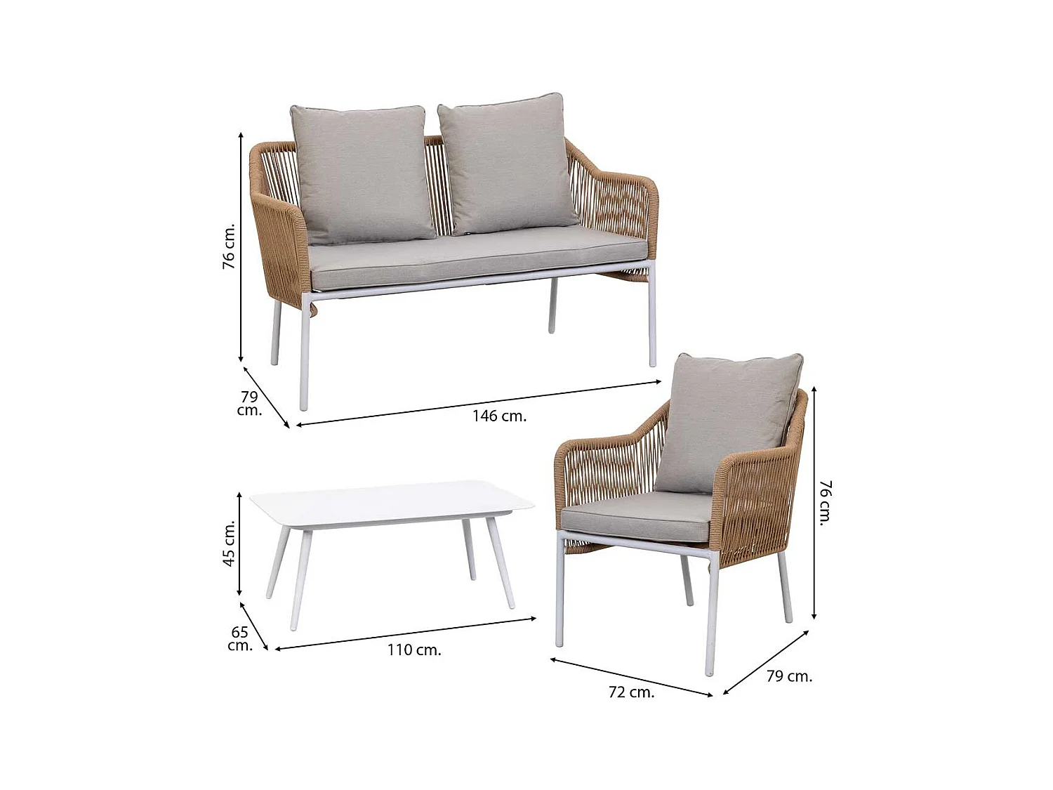 Mesa, sofa y 2 sillones beige, 110x65x45,72x79x76, 146x79x76