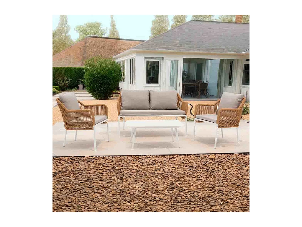 Table, canapé et 2 fauteuils beige, 110x65x45, 72x79x76, 146x79x76