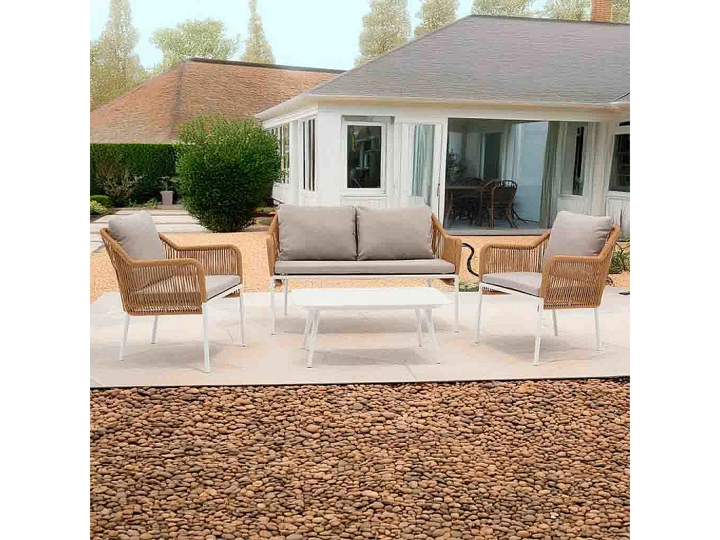 Mesa, sofa y 2 sillones beige, 110x65x45,72x79x76, 146x79x76