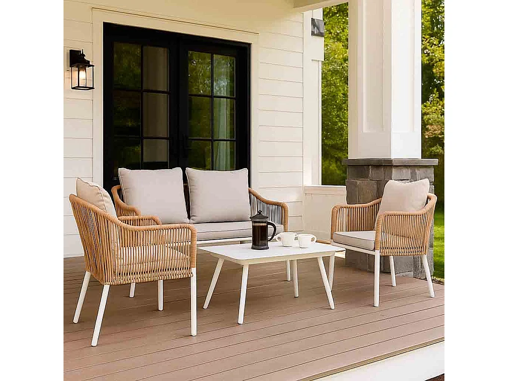 Tavolo, divano e 2 poltrone beige, 110x65x45, 72x79x76, 146x79x76