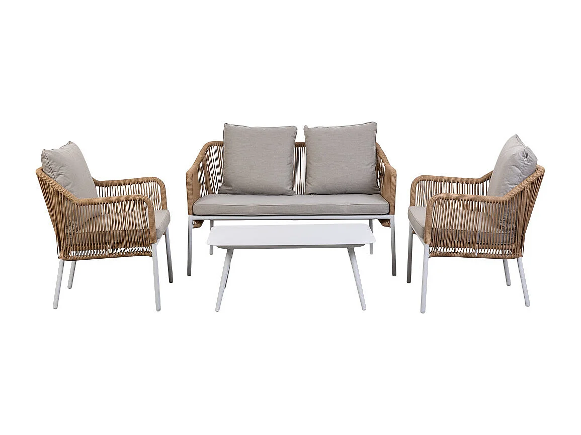 Tavolo, divano e 2 poltrone beige, 110x65x45, 72x79x76, 146x79x76