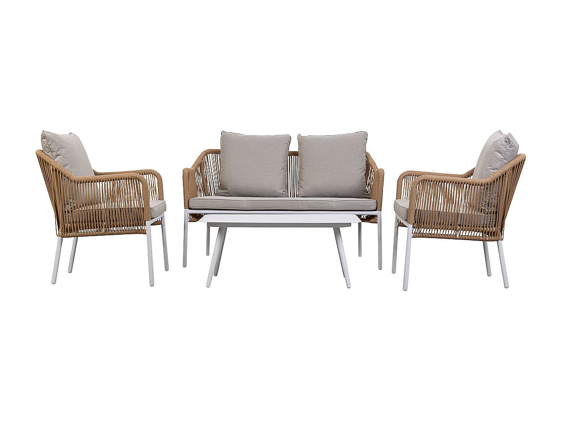 Tavolo, divano e 2 poltrone beige, 110x65x45, 72x79x76, 146x79x76