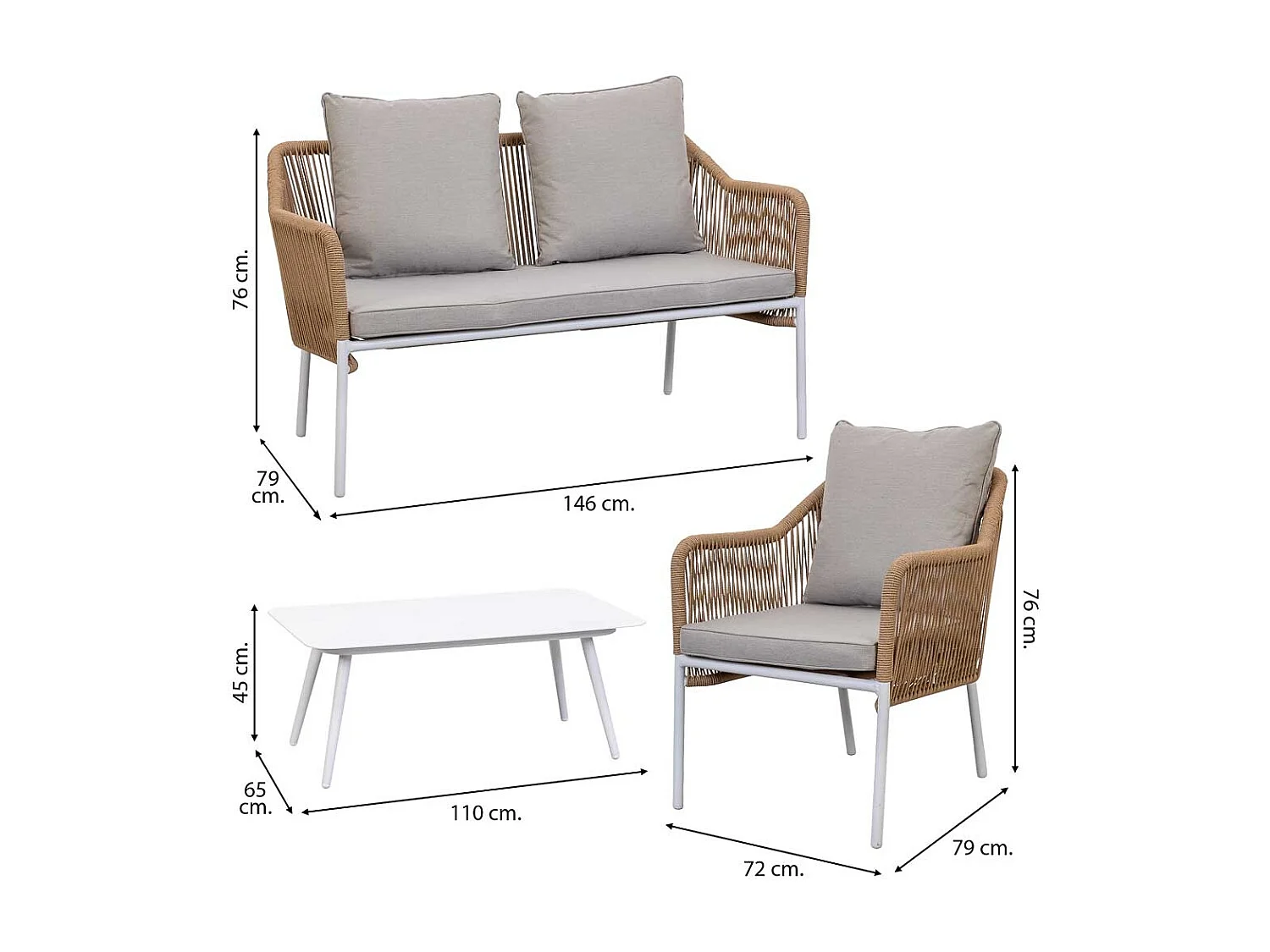 Tavolo, divano e 2 poltrone beige, 110x65x45, 72x79x76, 146x79x76