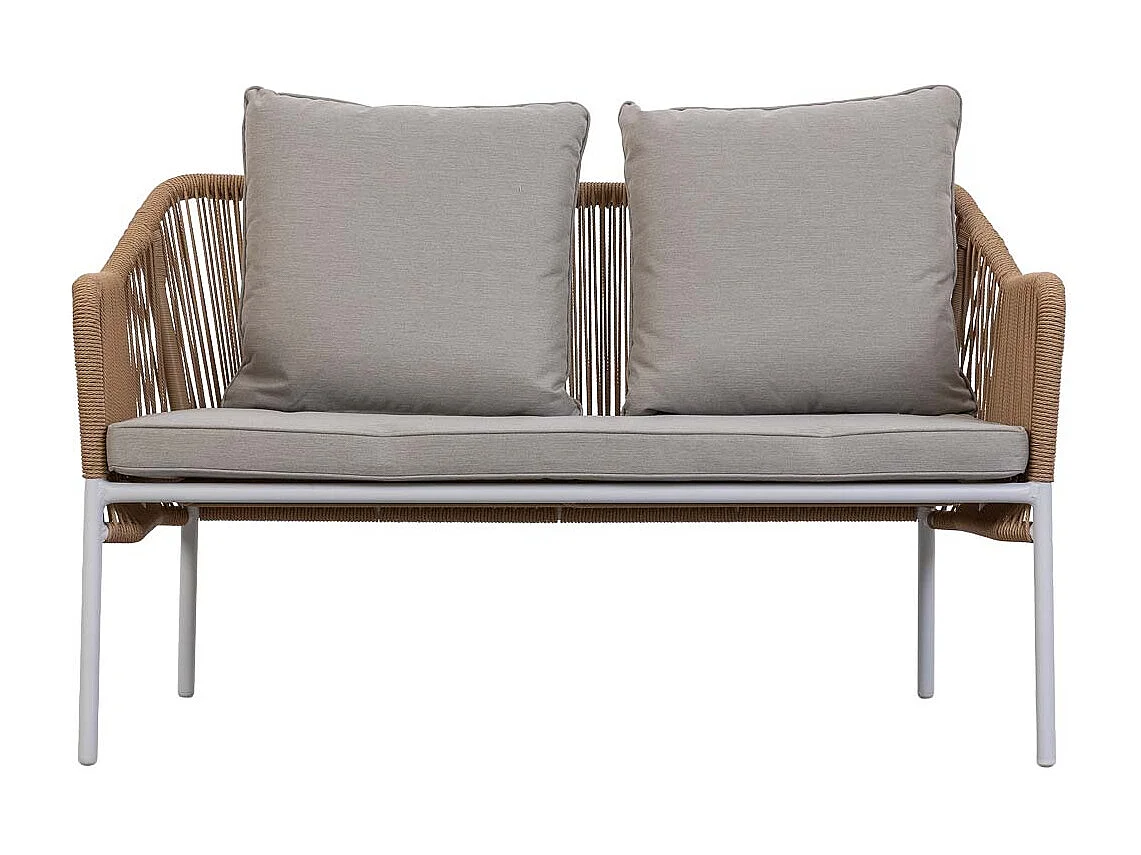 Tavolo, divano e 2 poltrone beige, 110x65x45, 72x79x76, 146x79x76