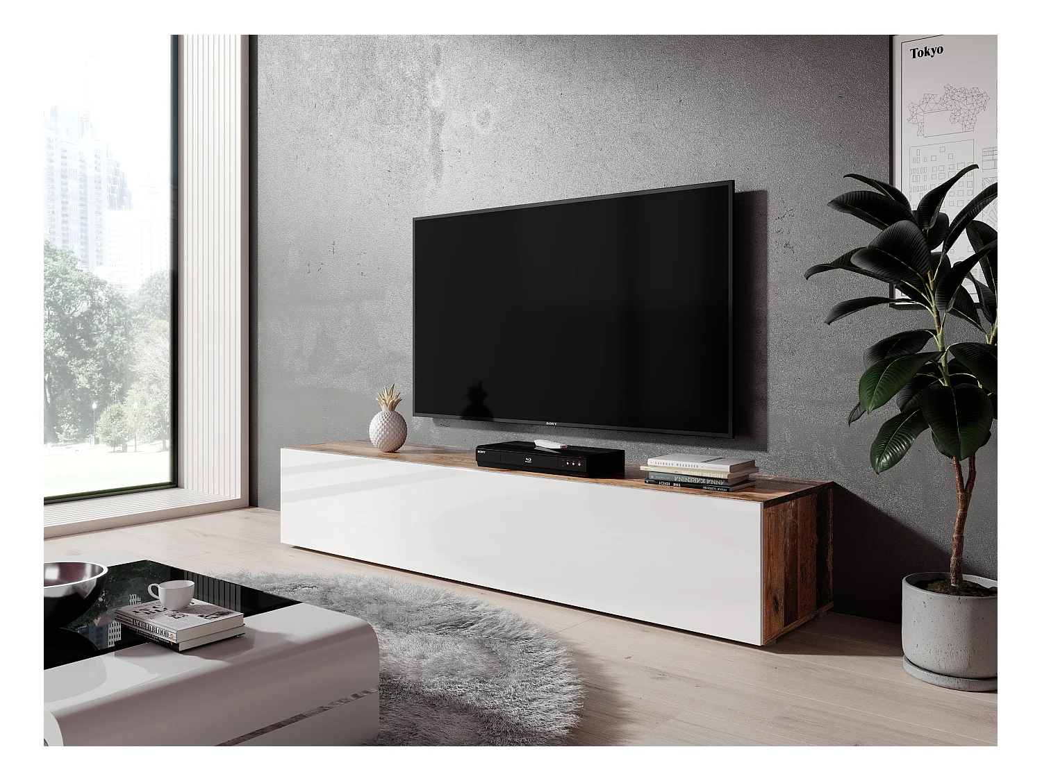 FURNIX Meuble tv debout / suspendu Ziboxe 160 cm vieux bois mat / blanc brillant style moderne avec compartiments fermés