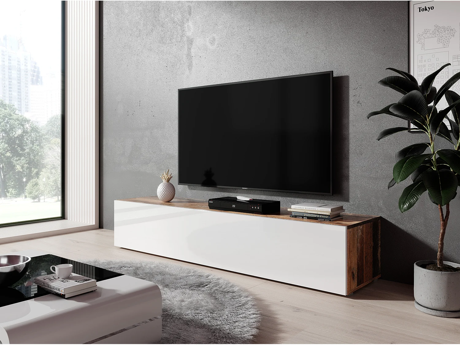 FURNIX Meuble tv debout / suspendu Ziboxe 160 cm vieux bois mat / blanc brillant style moderne avec compartiments fermés