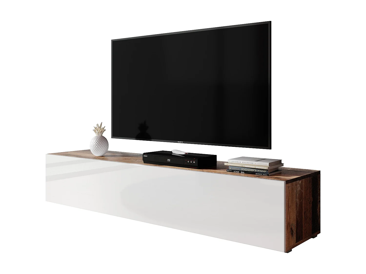 FURNIX Meuble tv debout / suspendu Ziboxe 160 cm vieux bois mat / blanc brillant style moderne avec compartiments fermés
