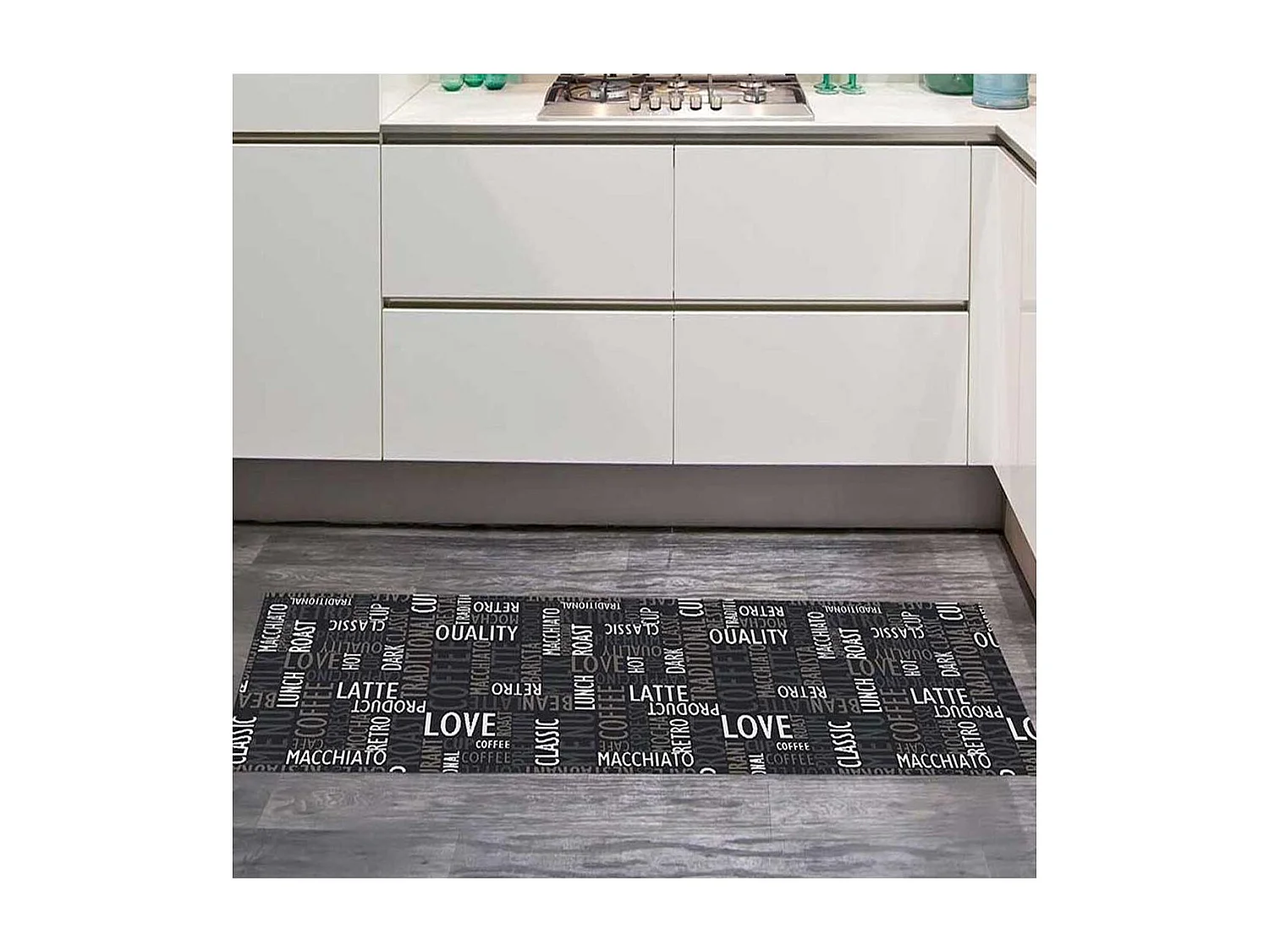 tapis cuisine 67x180 gris motif texte CAFE LOVE