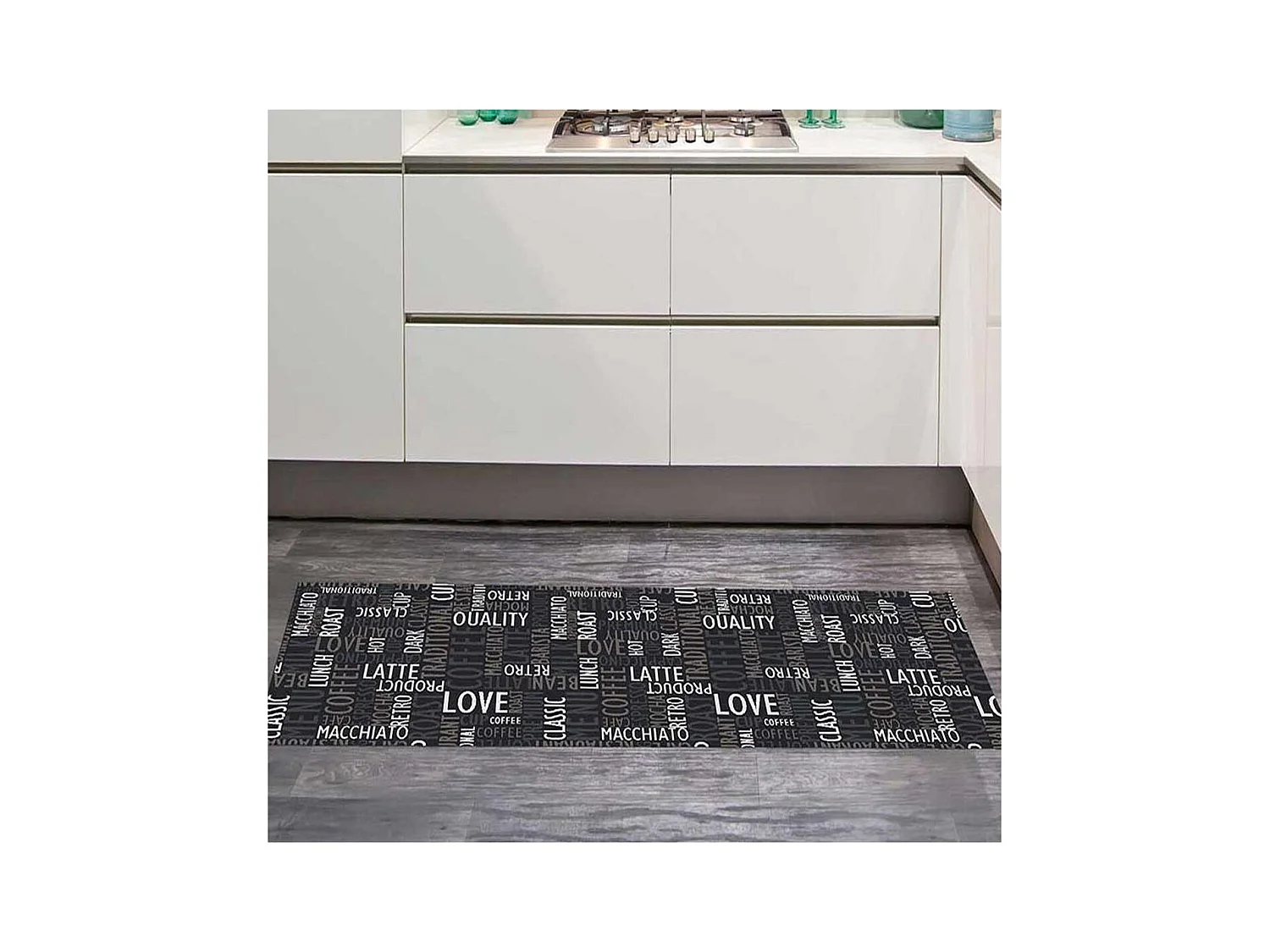 tapis cuisine 67x180 gris motif texte CAFE LOVE