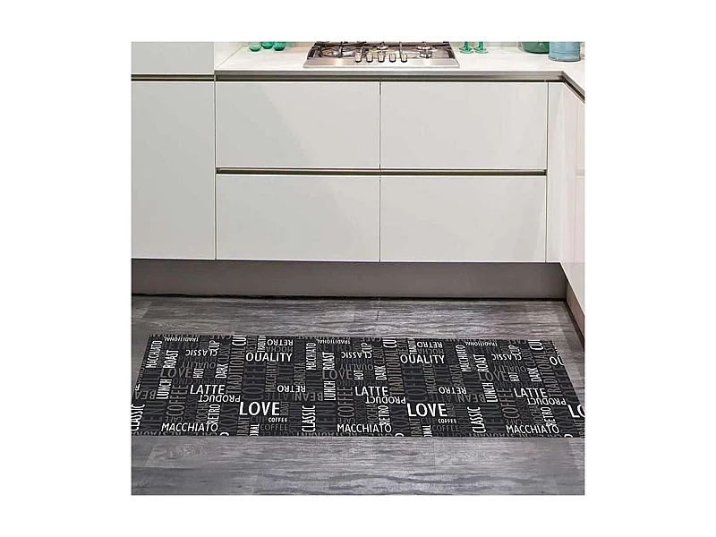 tapis cuisine 67x180 gris motif texte CAFE LOVE