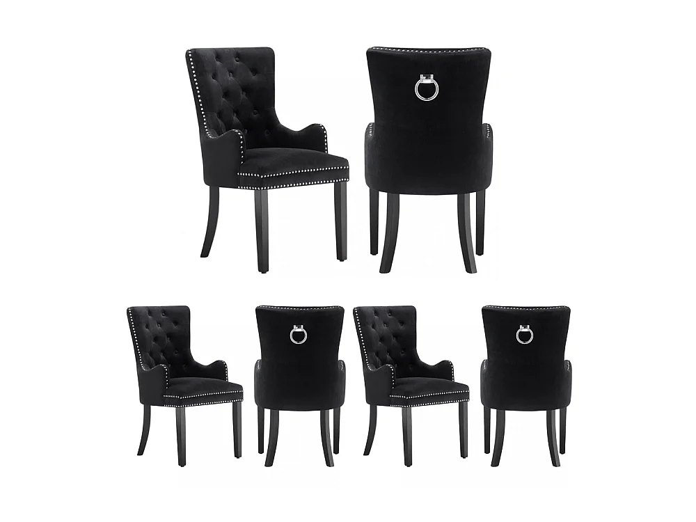 Windsor - Lot de 6 Chaises Capitonnée en Velours - Avec Accoudoirs - Pieds en Bois - Noir