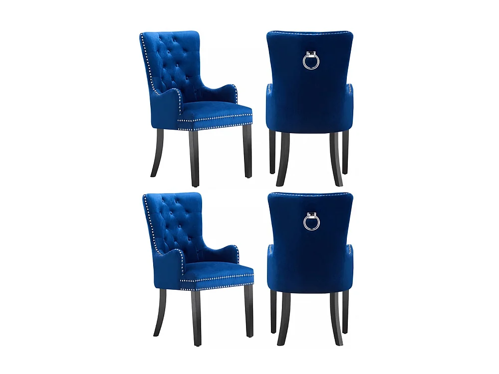 Windsor - Lot de 4 Chaises Capitonnée en Velours - Avec Accoudoirs - Pieds en Bois - Bleu