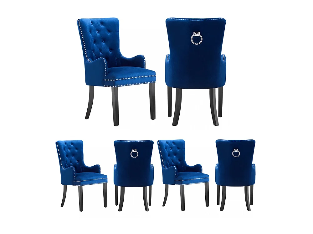 Windsor - Lot de 6 Chaises Capitonnée en Velours - Avec Accoudoirs - Pieds en Bois - Bleu