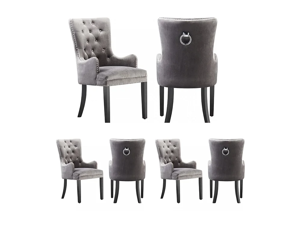 Windsor - Lot de 6 Chaises Capitonnée en Velours - Avec Accoudoirs - Pieds en Bois - Gris Foncé