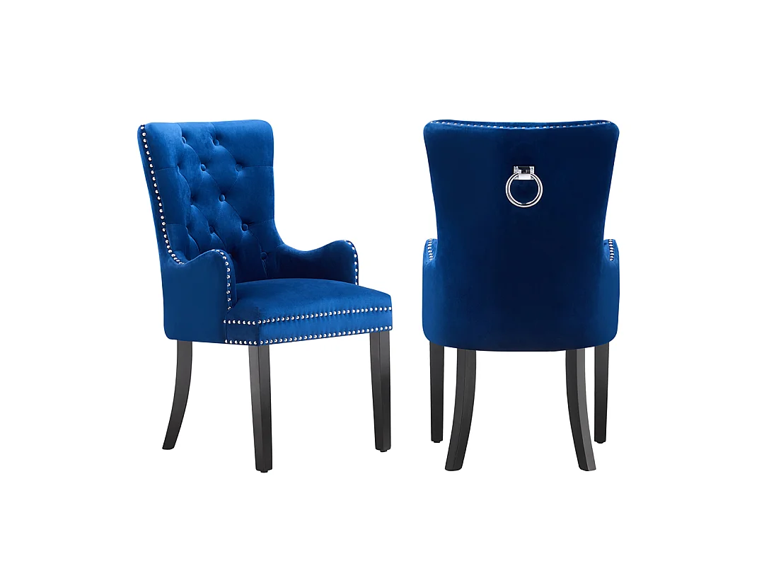 Windsor - Lot de 2 Chaises Capitonnée en Velours - Avec Accoudoirs - Pieds en Bois - Bleu