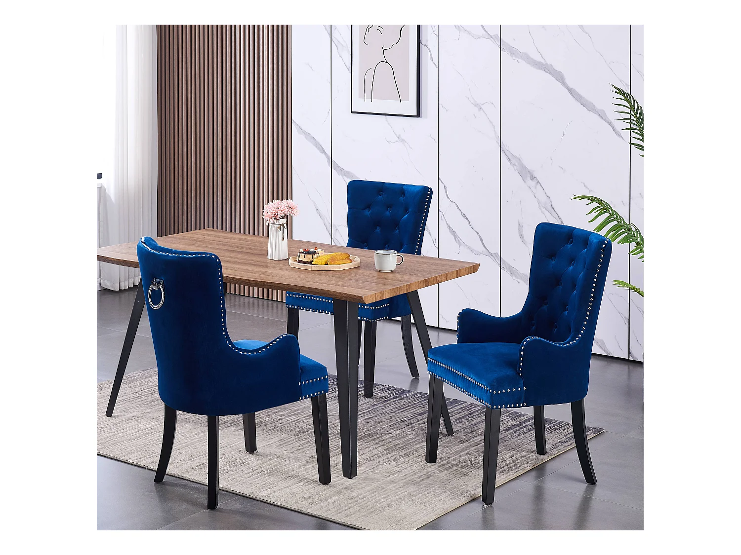 Windsor - Lot de 2 Chaises Capitonnée en Velours - Avec Accoudoirs - Pieds en Bois - Bleu