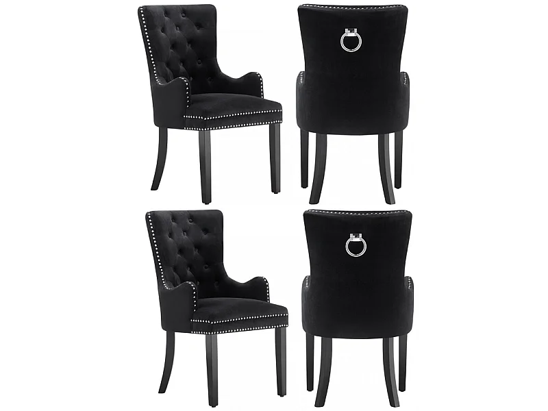 Windsor - Lot de 4 Chaises Capitonnée en Velours - Avec Accoudoirs - Pieds en Bois - Noir