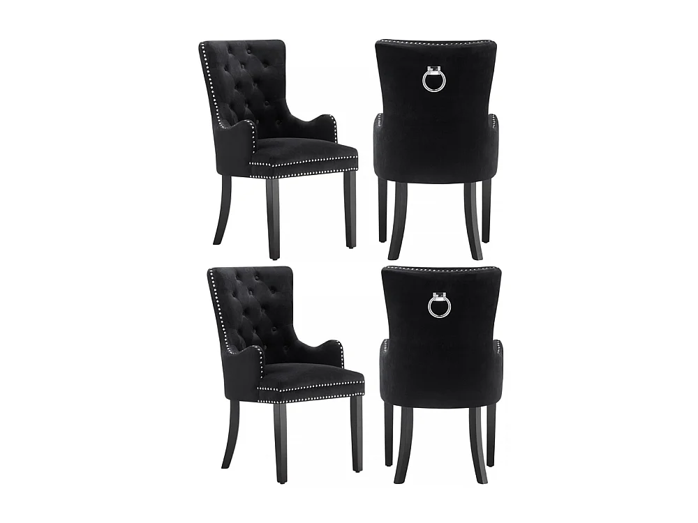 Windsor - Lot de 4 Chaises Capitonnée en Velours - Avec Accoudoirs - Pieds en Bois - Noir