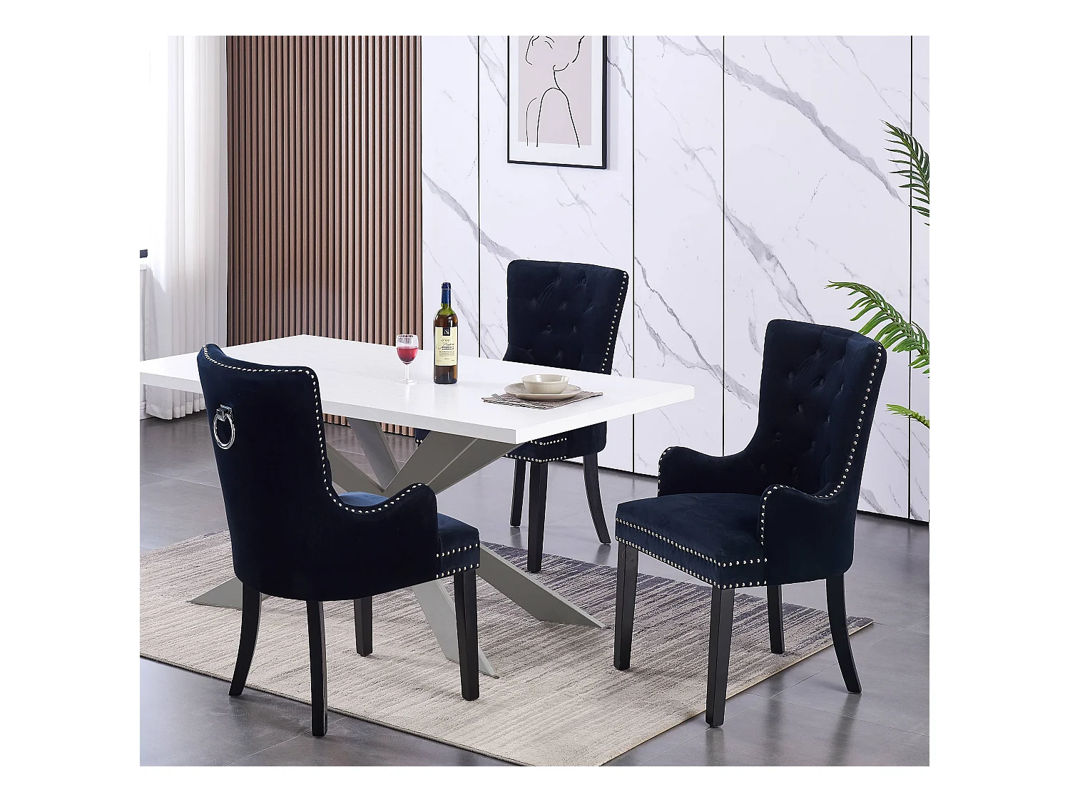 Windsor - Lot de 4 Chaises Capitonnée en Velours - Avec Accoudoirs - Pieds en Bois - Noir